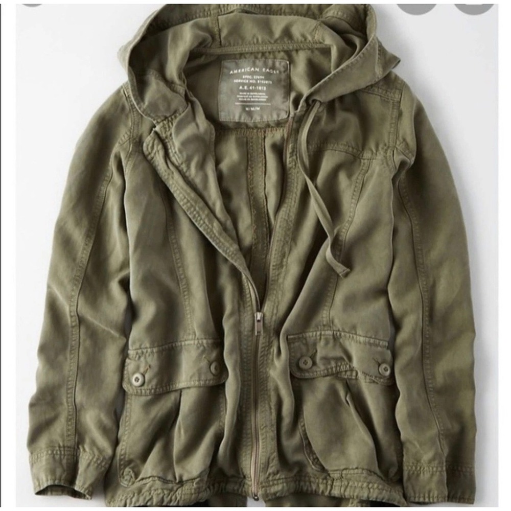 American Eagle Utility Military Jacket Womens XL Green Hooded Fishtail Gorpcore